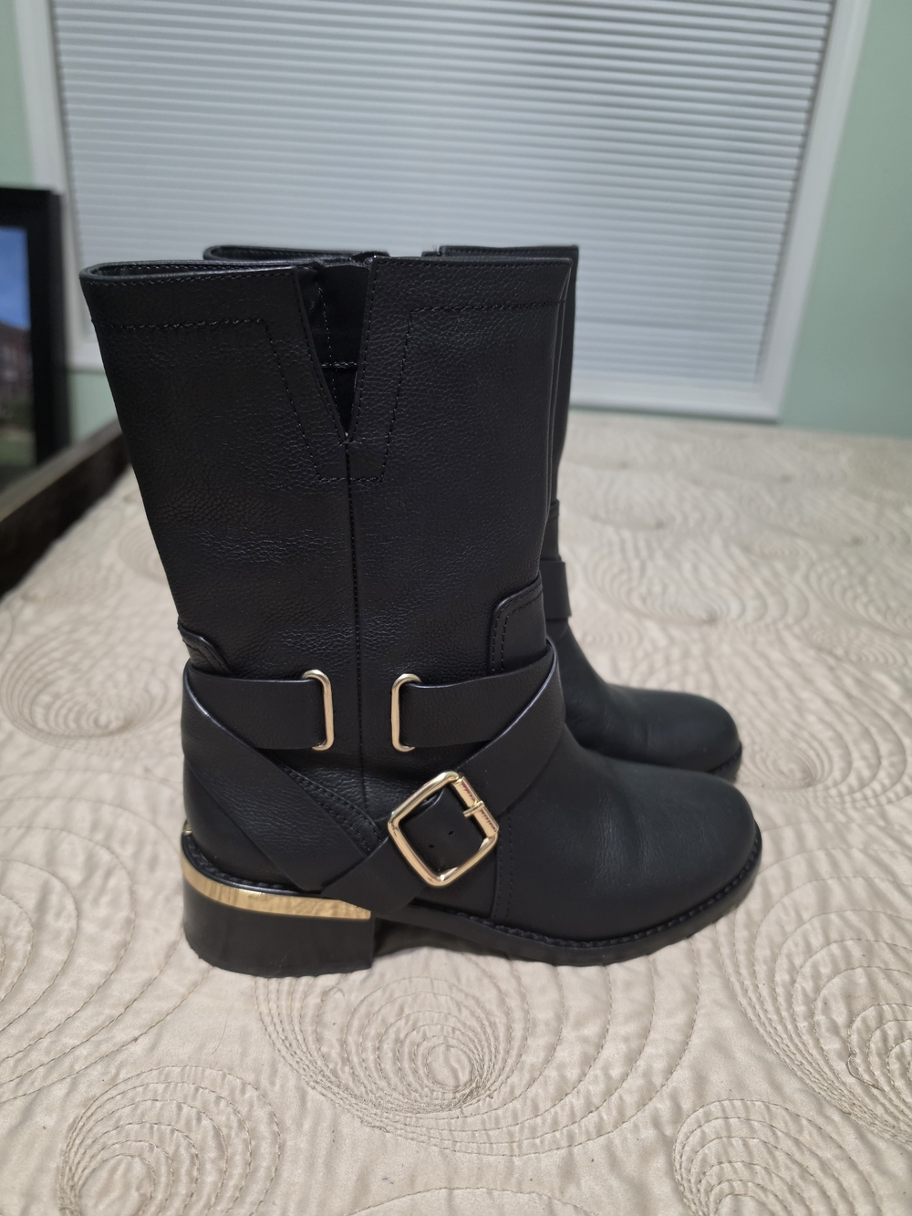 Vince Camuto Black Mid-Calf Boots with Gold Buckle Detail